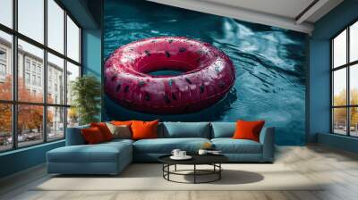 Bright red watermelon-shaped pool float leisurely drifting on clear water during a sunny afternoon Wall mural