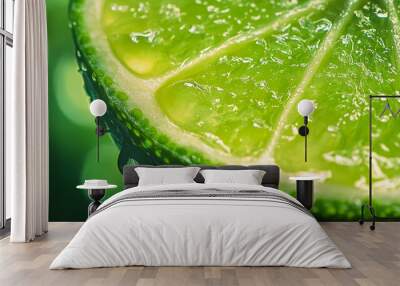 Close-up view of a fresh lime slice with water droplets shimmering in natural light Wall mural