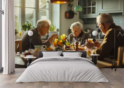 Elderly Friends Enjoying a Sunny Morning Meal in a Kitchen Wall mural