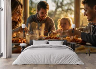 Family Enjoying Dinner Together at Home During Golden Hour Wall mural