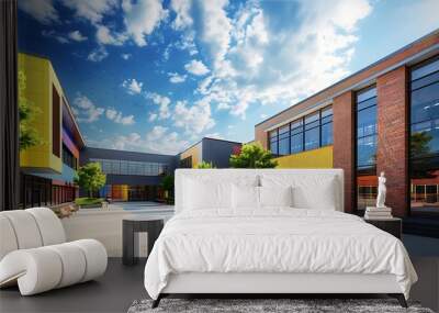 modern elementary school with colorful brick siding, designed to be both inviting and energy efficient, under a sunny sky Wall mural