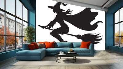 Mythical characters for Halloween, Silhouette witch flies on a magic broomstick Wall mural