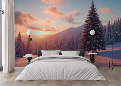 Serene winter sunrise over snow-covered mountain landscape with evergreen trees in a tranquil forest setting Wall mural