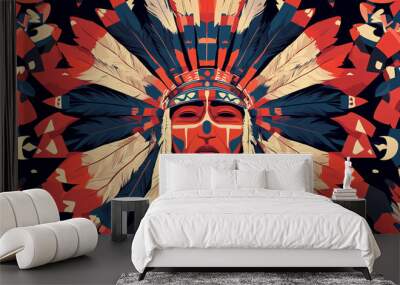 Vibrant tribal warrior adorned with feathers and symbols captures the essence of indigenous culture in a bold artwork Wall mural