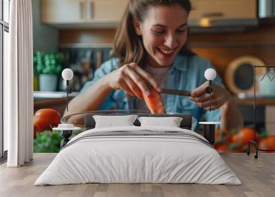 Woman Preparing Salmon in a Kitchen With Tomatoes and Herbs Wall mural