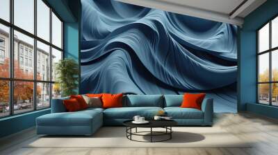 Blue luxury wavy or folded fabric texture for 4K abstract blue wallpaper. Beautiful folds like liquid waves abstract. Peaceful wave design. Empty modern background for fashion or luxury wallpaper Wall mural