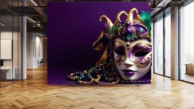 Elegant mardi gras carnival mask on dark background with copy space for text. Carnival Party. Venice carnival glamours design, greeting card, party invitation, banner or flyer. Photorealistic  Wall mural