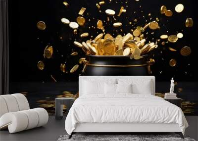 Gold coins exploding from a black pot in dark background. Black cauldron with money. Casino, jack pot, gold wealth, cash back, abundance, money saving, bonanza concept. Happy Dhanteras. Wall mural