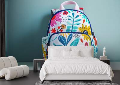 A vibrant, colorful school backpack with a playful pattern, positioned upright on a white surface, highlighting its spacious design and quality zippers. Wall mural