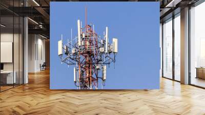 Telecommunication tower with blue sky and white clouds background,satellite pole communication technology. Wall mural