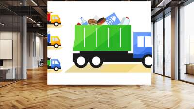 Vector illustration of Garbage Truck. Isolated lorry with various kinds of trash on white background. Wall mural