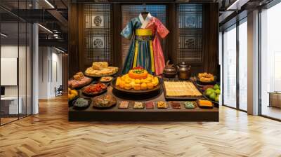 Traditional Korean clothing, offerings of fruit, rice cakes, and displays of food at ancestral altars.  Wall mural