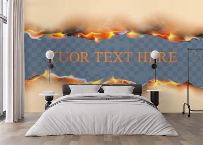 Burnt paper realistic set with isolated upper and lower borders of burning sheet with editable text and flames of fire vector illustration on transparent background Wall mural