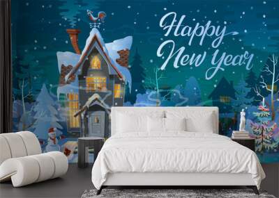 happy new year. winter time. night of christmas, the family house before a holiday. an illustration  Wall mural