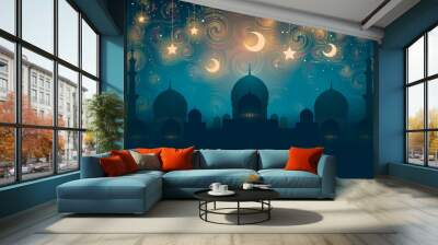 Islam. Magical oriental night on vector picture. Vector illustration of fantastic night in oriental palace with golden stars. Wall mural