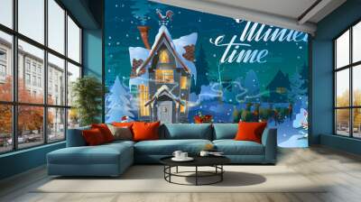 winter time. night of christmas, the family house before a holiday. an illustration for card. new ye Wall mural