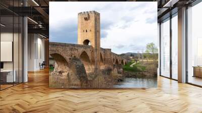 Detail shot of the impressive medieval stone bridge in the tourist town of Frías in the province of Burgos on a sunny day Wall mural