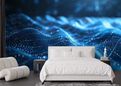 Abstract blue tech background with digital waves, dynamic network system, artificial neural connections, cyber quantum computing and electronic global intelligence Wall mural