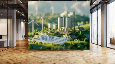 green hydrogen production facility with solar panels and wind turbines generating clean electricity. Concept Renewable Energy, Green Hydrogen, Solar Power, Wind Turbines, Sustainable Wall mural