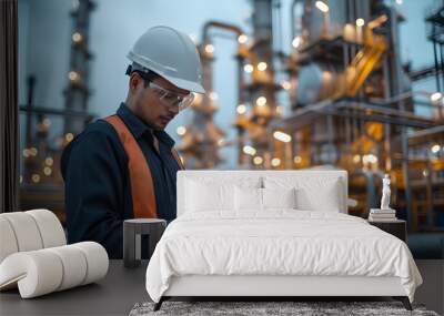 Industry engineer man using tablet with white safety helmet standing front of oil refinery. Factory oil storage tank and pipeline. Worker in a refinery Wall mural