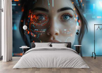 Portrait of beautiful woman robot, with integrated hologram and technology elements over her face on futuristic background Wall mural