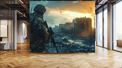 Post-apocalyptic world, a soldier wearing unique anti-nuclear armor stands with a conceptual rifle amidst the ruins of a city destroyed by nuclear war Wall mural