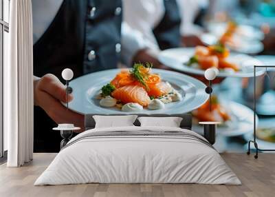 Waiter carrying plates with fish dish on some festive event, party or wedding reception restaurant Wall mural