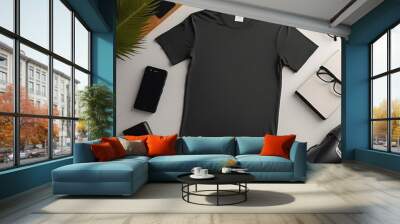 Blank Black t-shirt mockup with copy space front view.Tee with Copyspace for advertising t shirt Wall mural