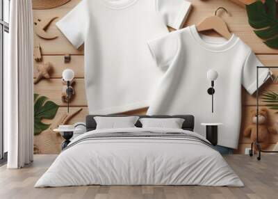 Blank white cotton newborn baby top t-shirt mock-up template design.cute little boy girl child isolated infant toddler shirt clothing fashion apparel wooden store mockup illustration. Wall mural