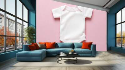 Cute newborn child cotton white baby suit clothes toddler front blank mockup fashion design background.kids boy girl infant textile ,clothing body wear shirt apparel mock-up template. Wall mural