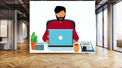 Freelance project man employee working on office desk laptop computer design.Professional business work job technology web communication education male digital company background vector illustration Wall mural