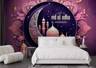 Happy Eid Al Adha Mubarak Muslim Islamic Festival Holiday Culture Celebration Greeting Card poster Design.Arabic Ramadan Islam Religion Mosque Calligraphy Decoration Background Vector Illustration Wall mural