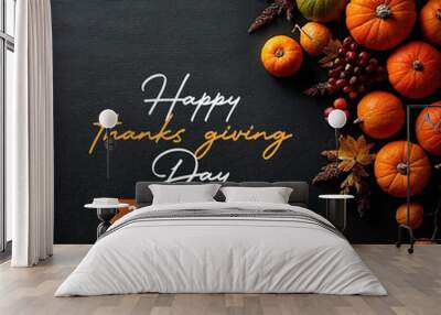 Happy thanks giving day message November greeting social media post pumkin autumn leaves candles Wall mural