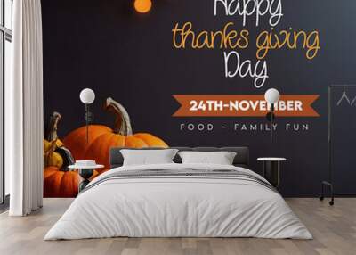 Happy thanks giving day message November greeting social media post pumkin autumn leaves candles Wall mural