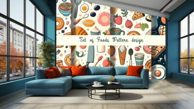 Seamless food fruit pattern texture background illustration.healthy vegetable carrot tomatoes cheese eatery doodle kitchen ingredient hot cooking fish drink menu wallpaper vector icon design Wall mural