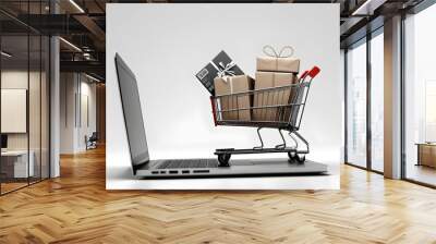 concept delivery shopping online screen shop store web which computer laptop cart bag boxes package product box sale buy commerce price shipping purchase order business background Wall mural