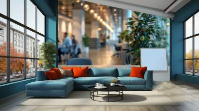 office reception hall with blank sign with coworkers at a desk in the background Wall mural