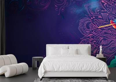 Blue and purple background with a mandala pattern. Lord Krishna playing a flute Wall mural