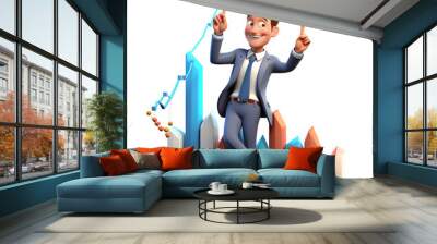 businessman sitting on a bar graph 3d cartoon on a white background Wall mural