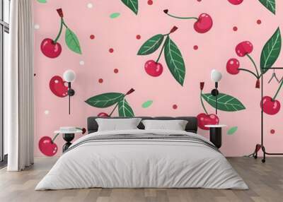 cherry pattern, cute and playful design, pastel pink background Wall mural