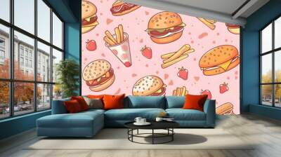 Cute cartoon pattern of fast food items on a pink background Wall mural