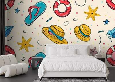 cute cartoon pattern with beach elements Wall mural