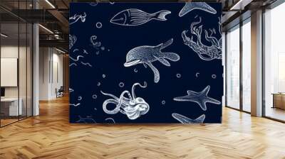 dark blue background with simple line art of various fish and sea creatures Wall mural