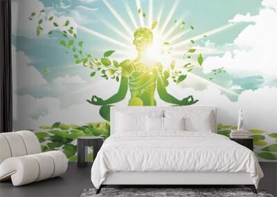 figure made of leaves meditating on top of the Earth,international yoga day Wall mural