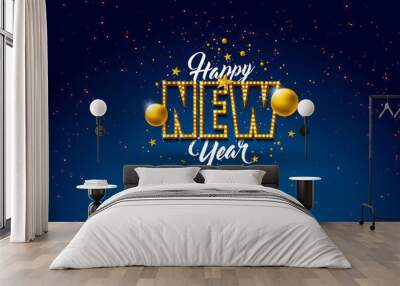 Happy New year banner, Happy new year banner in new elegant style with foil balloon text effects and celebration sparkles on sky, happy new year card, New year background Wall mural