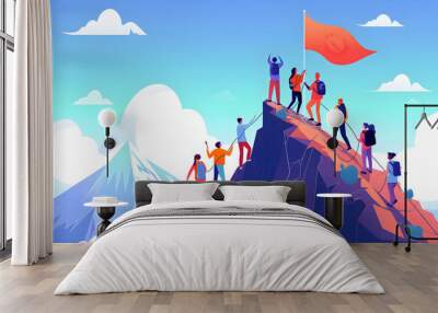 illustration of people climbing a mountain with a flag Wall mural