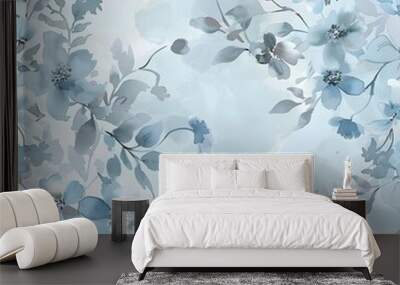 light blue and white watercolor background with a small floral bouquet,seamless pattern Wall mural