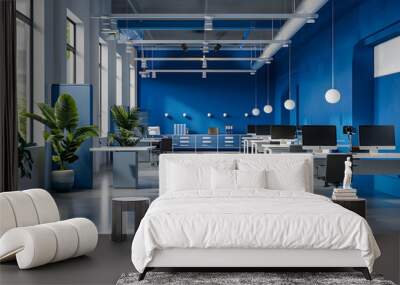 modern office interior with a white concrete floor and blue wooden wall Wall mural