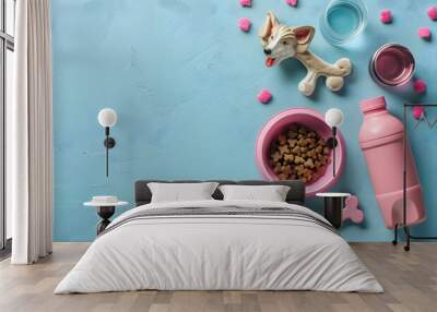 pet accessories pink on blue background with copy space Wall mural