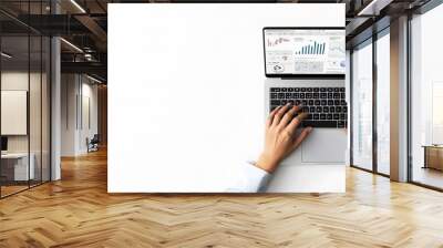 Photo of a person typing on a laptop with graphs and charts displayed in a top view against a white background,workspace Wall mural